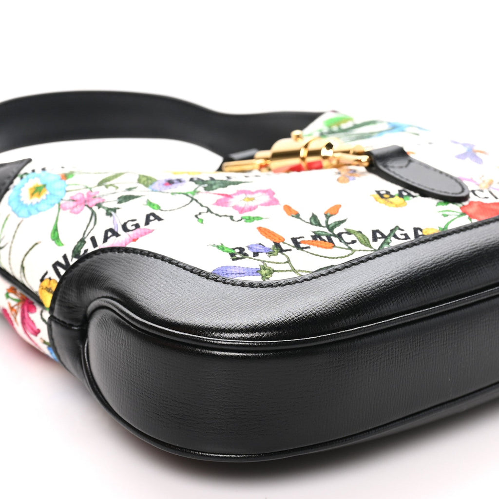 X BALENCIAGA Canvas Boarded Pluton Calfskin Flora Logo Print Small Jackie 1961 Hobo White Multicolor Black