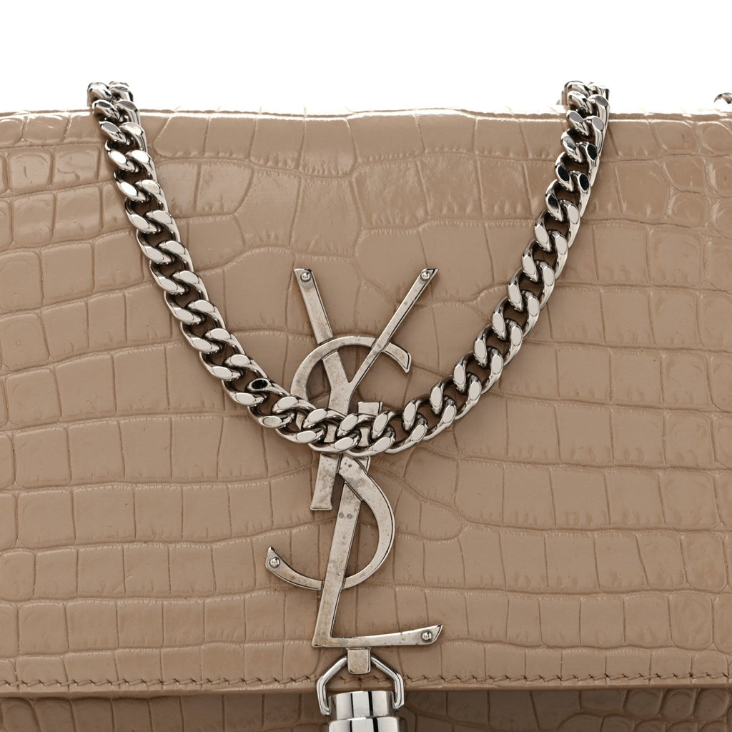 Calfskin Crocodile Embossed Small Classic Monogram Kate Tassel Satchel Beige