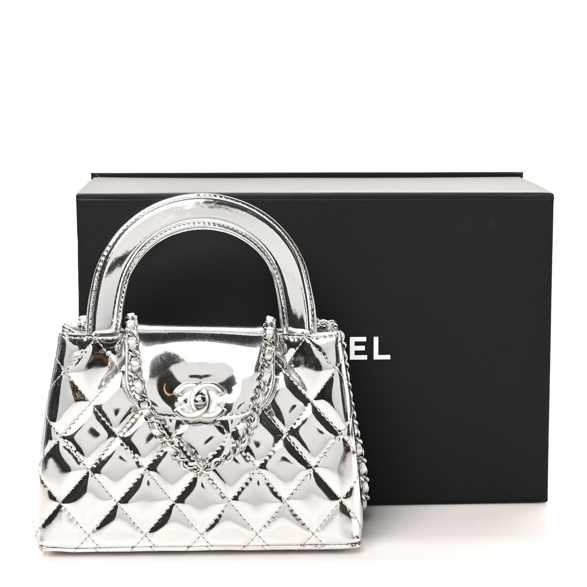 Mirror Calfskin Metallic Calfskin Quilted Nano Kelly Shopper Silvery