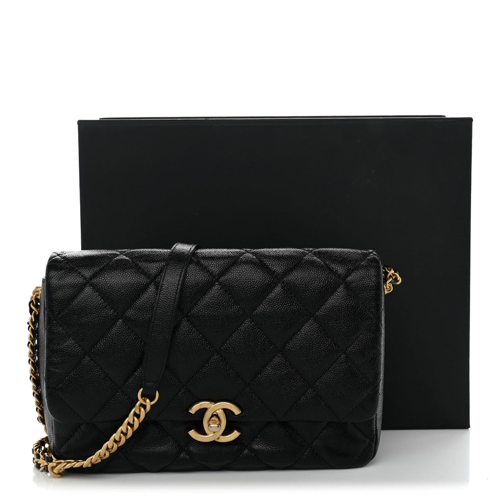 Shiny Caviar Quilted Large Chain Melody Flap Black