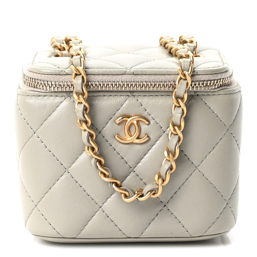 Lambskin Quilted Pearl Crush Mini Vanity Case With Chain Grey