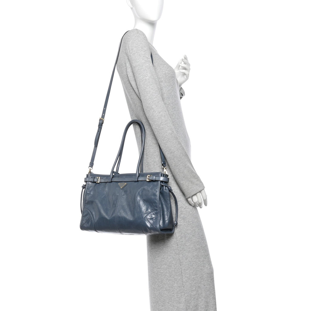 Glossy Calfskin Triangle Large Bonnie Shoulder Bag Air Force Blue
