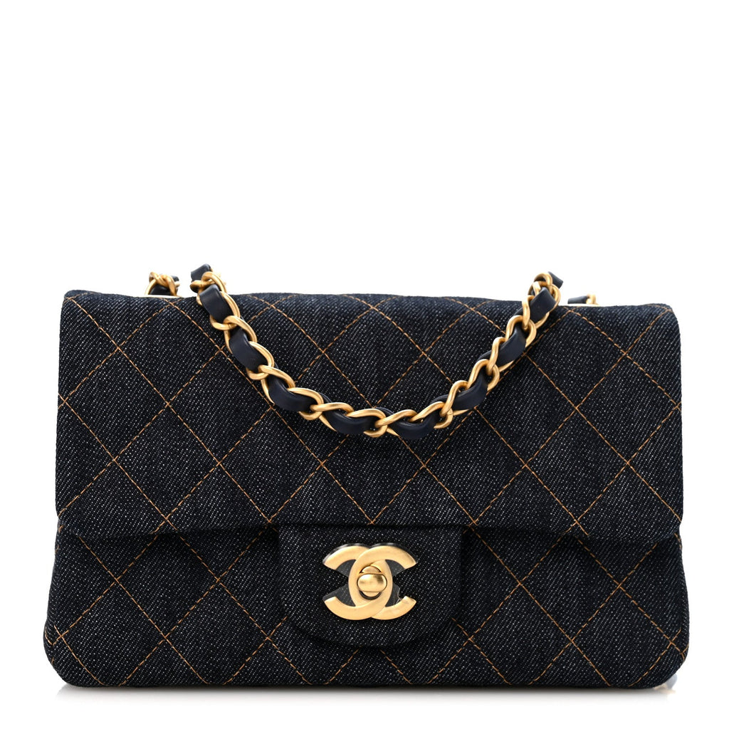 Denim Quilted Mini Rectangular Flap Dark Blue