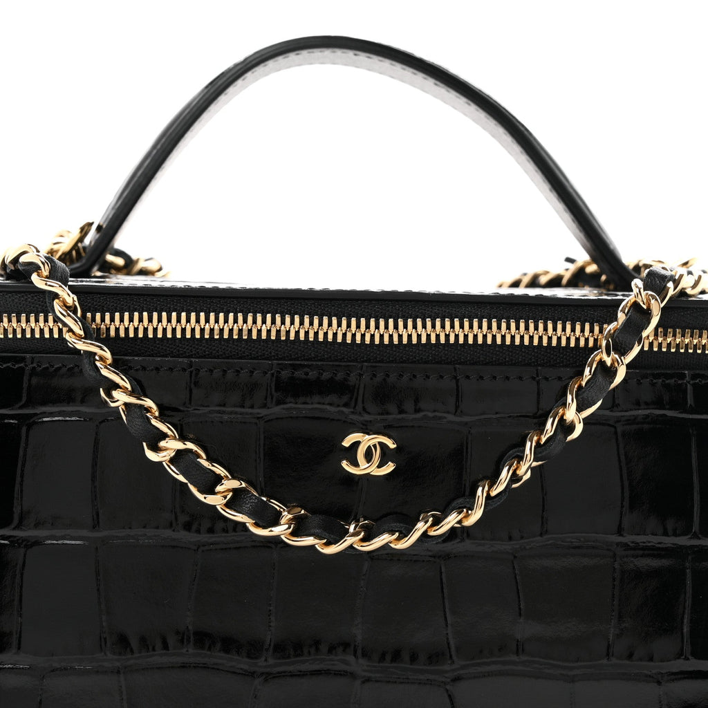 Calfskin Crocodile Embossed Crococo Small Top Handle Vanity Case With Chain Black