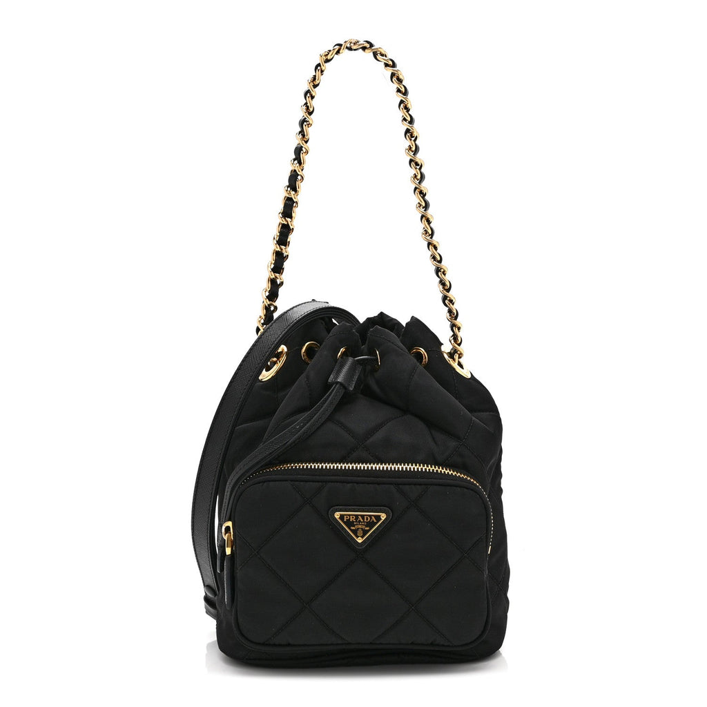 Re-Nylon Saffiano Stitched Duet Bucket Bag Black