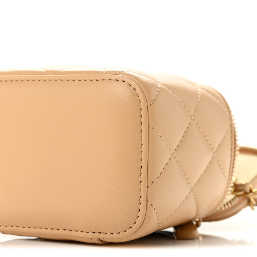 Lambskin Quilted Pearl Crush Mini Vanity Case With Chain Beige
