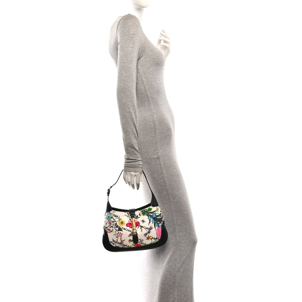 X BALENCIAGA Canvas Boarded Pluton Calfskin Flora Logo Print Small Jackie 1961 Hobo White Multicolor Black