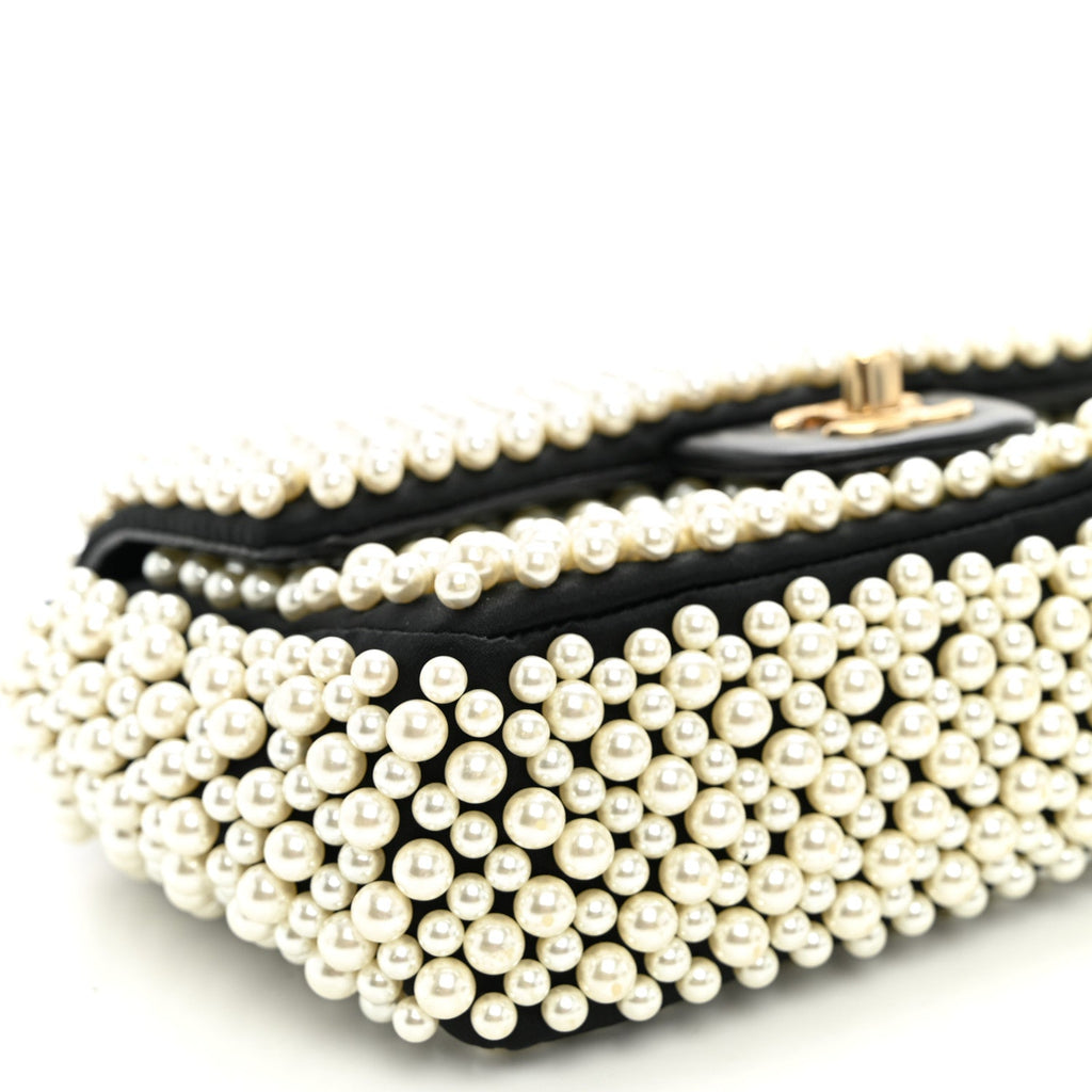 Satin Lambskin Pearl On Mini Rectangular Flap Black