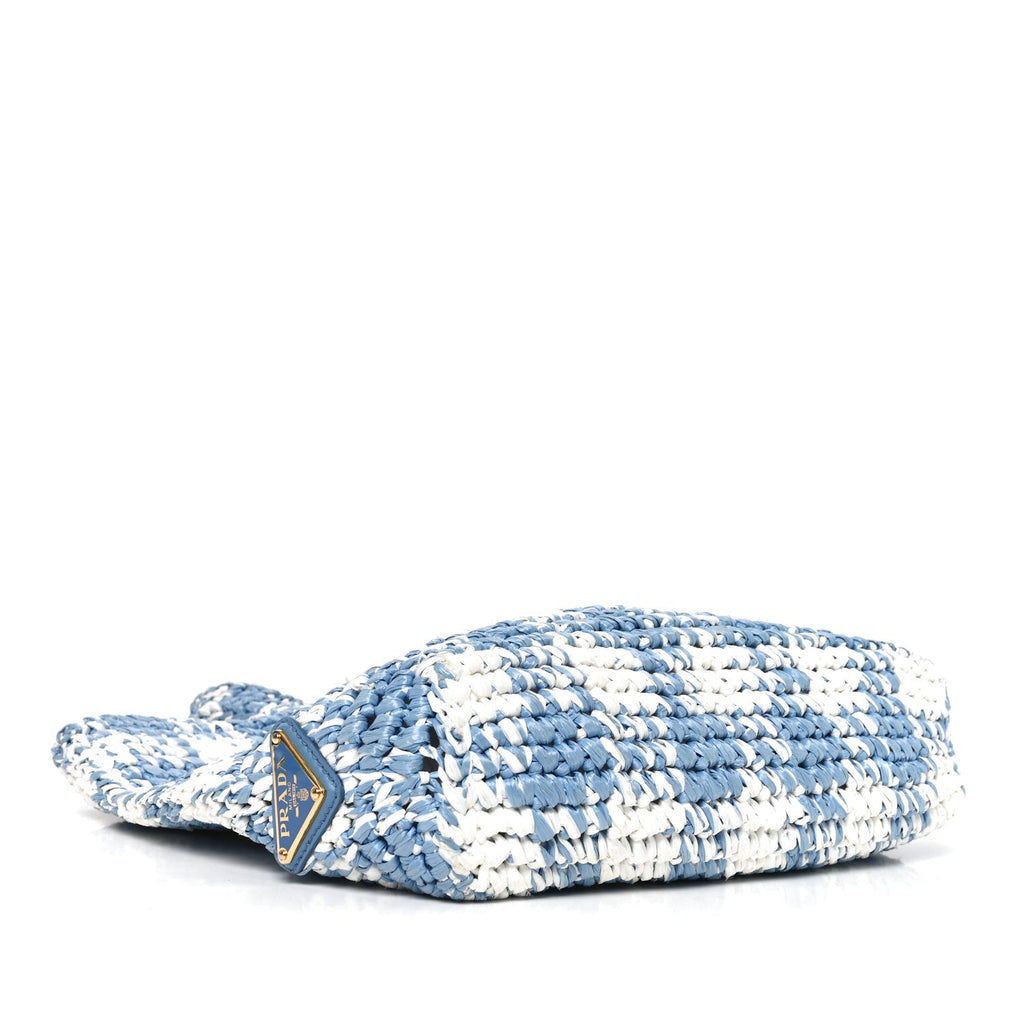 Yarn Raffia Effect Crochet Embroidered Small Logo Tote Celeste