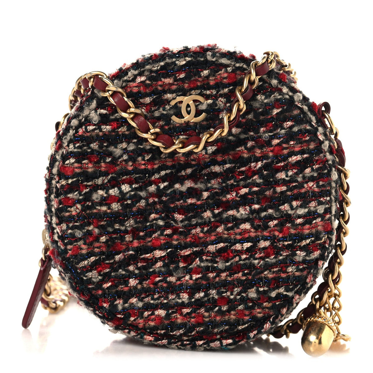 Tweed Quilted Round Clutch With Chain Red