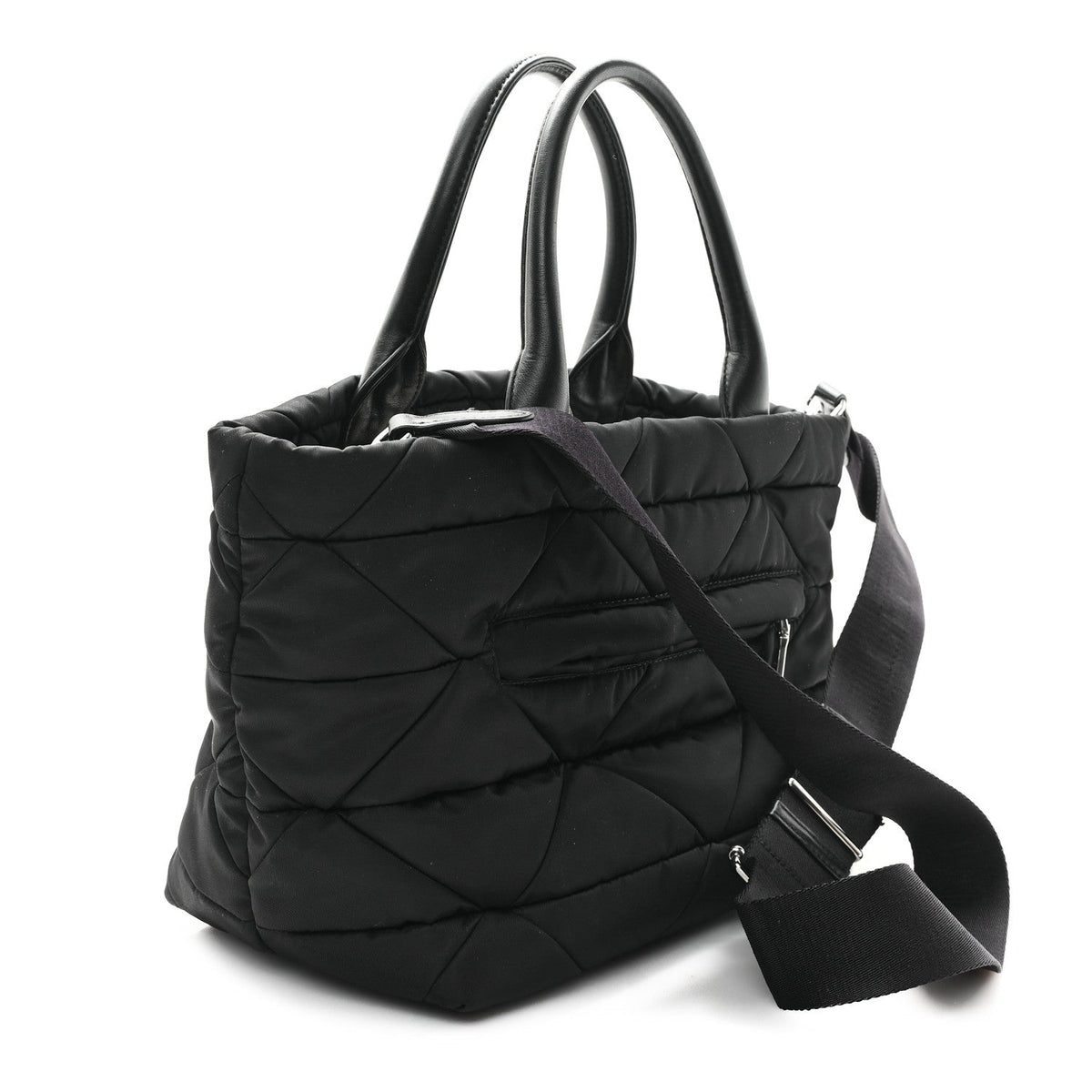 Re-Nylon Nappa Triangle Quilted Padded Small Double Handled Zip Tote Black