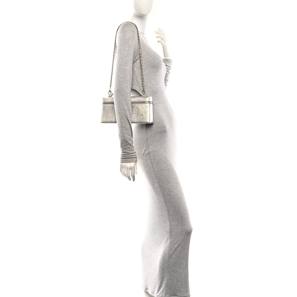 Lizard Embossed Calfskin Exoticoco Long Vanity With Chain Silvery