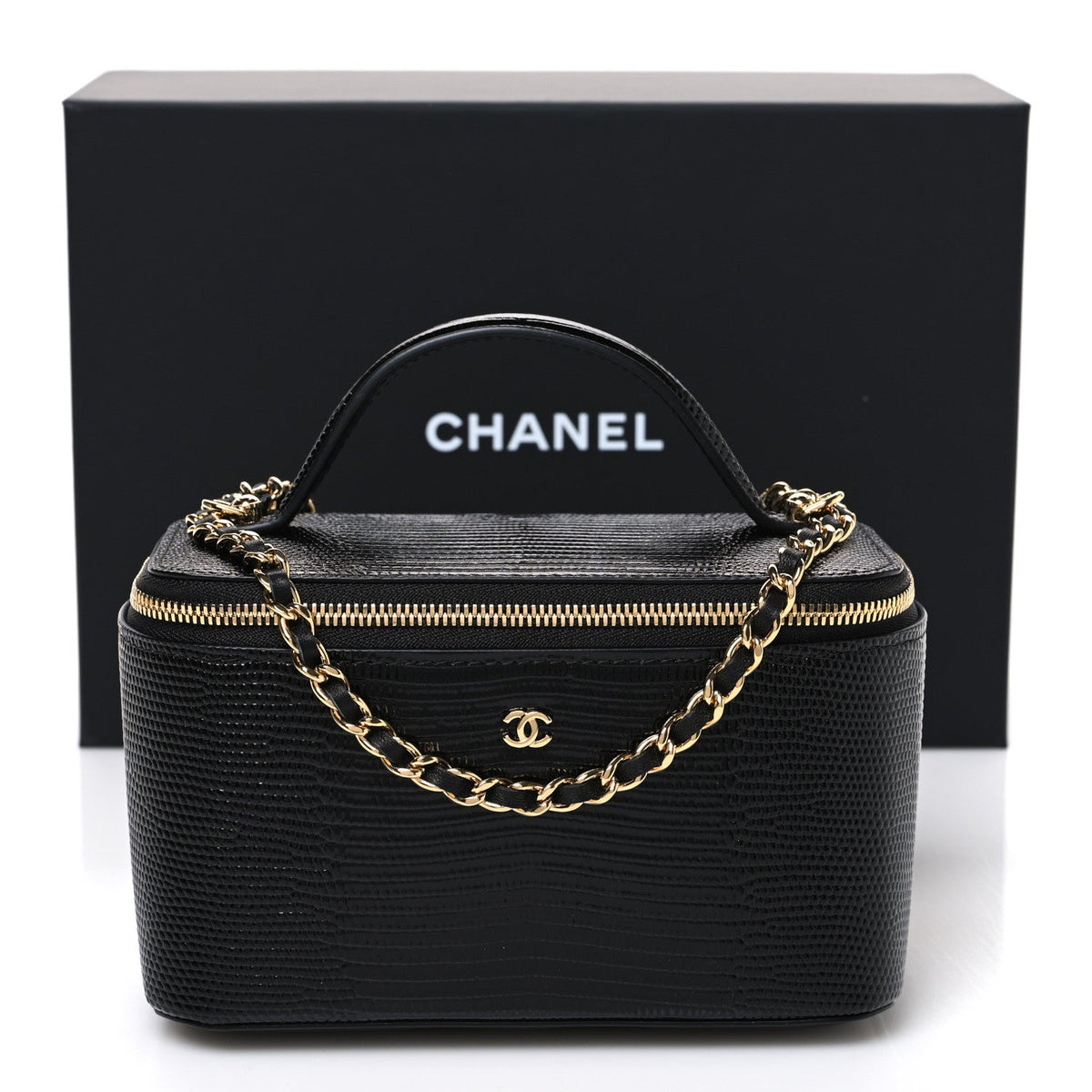 Calfskin Lizard Embossed Top Handle Vanity With Chain Black