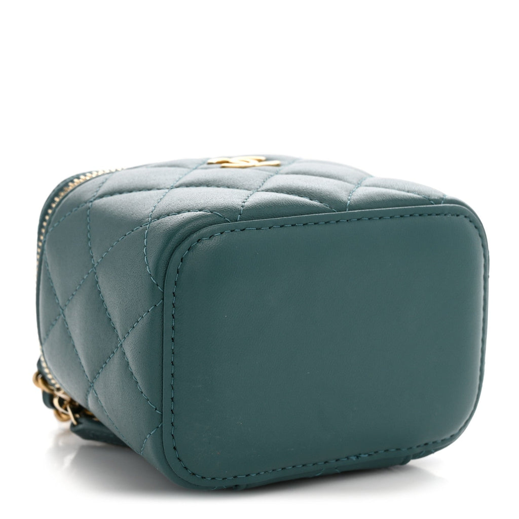 Lambskin Quilted Top Handle Mini Vanity Case With Chain Green