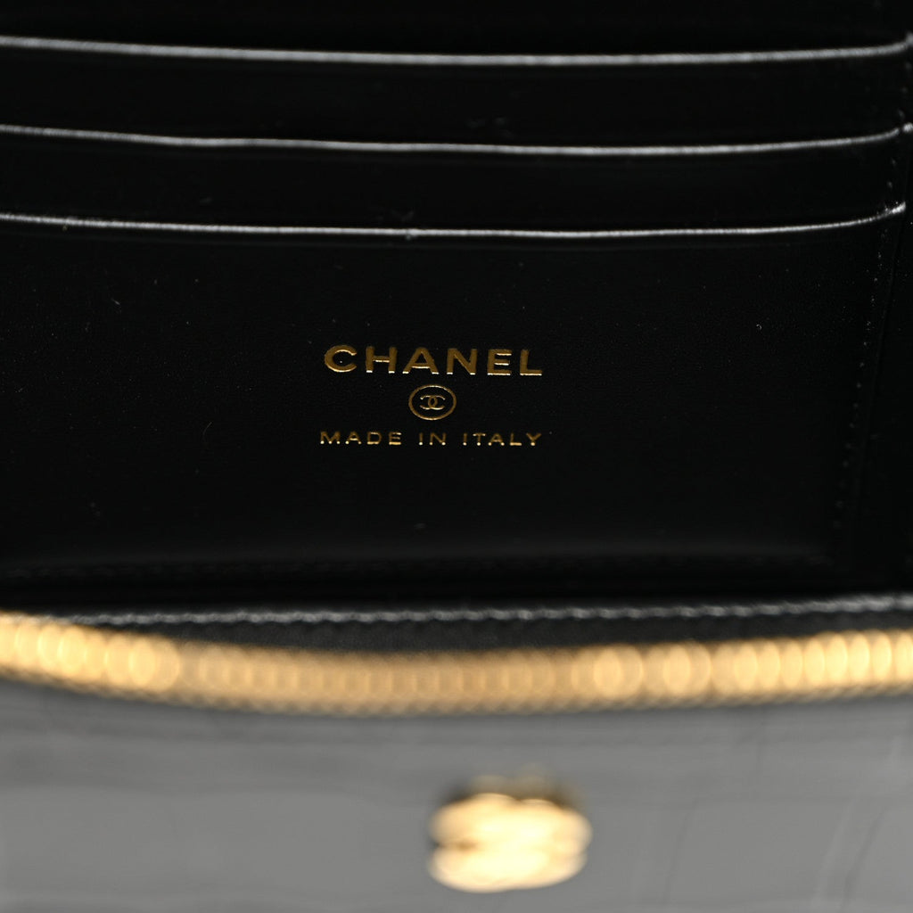 Calfskin Crocodile Embossed Crococo Small Top Handle Vanity Case With Chain Black