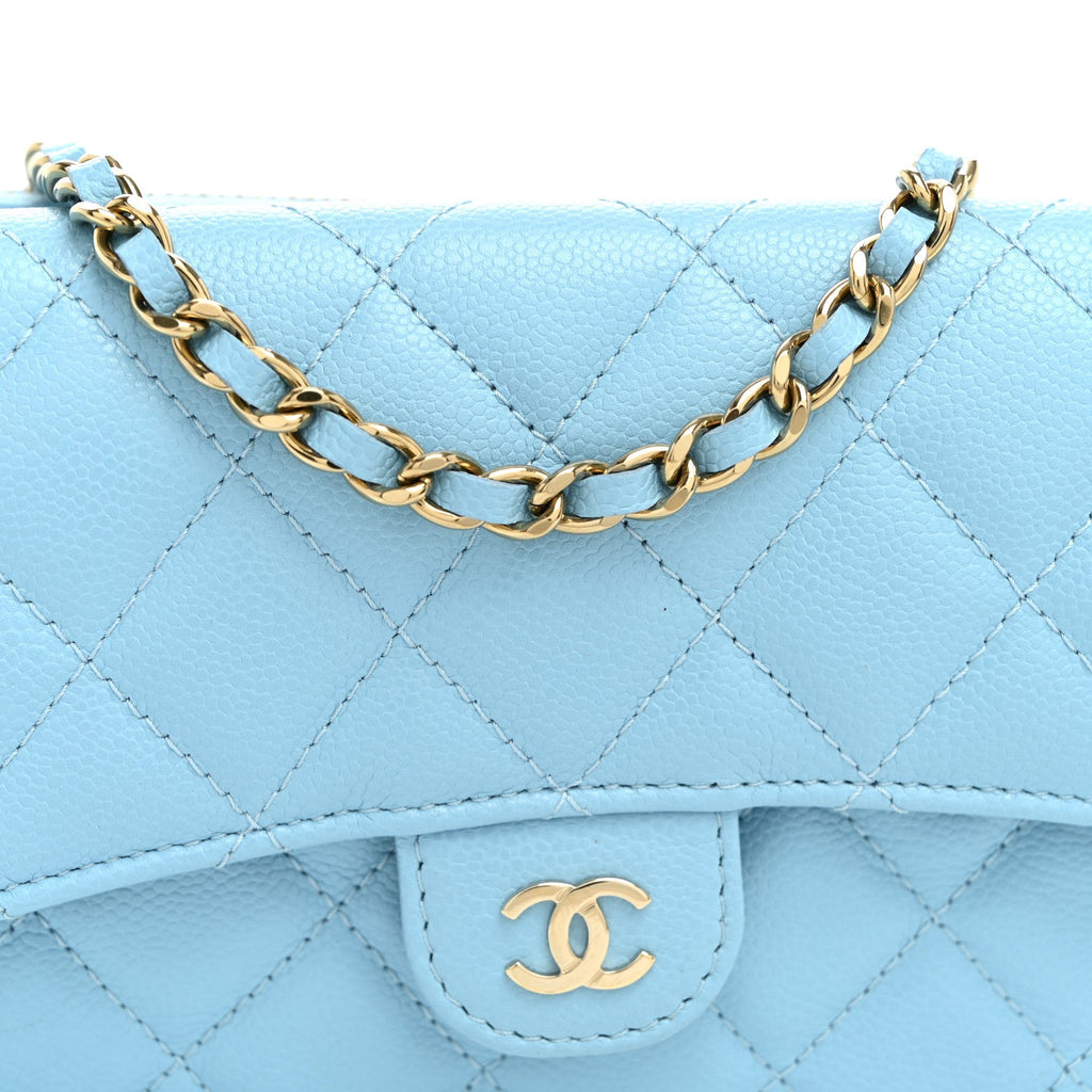 Caviar Quilted Flap Phone Holder With Chain Light Blue