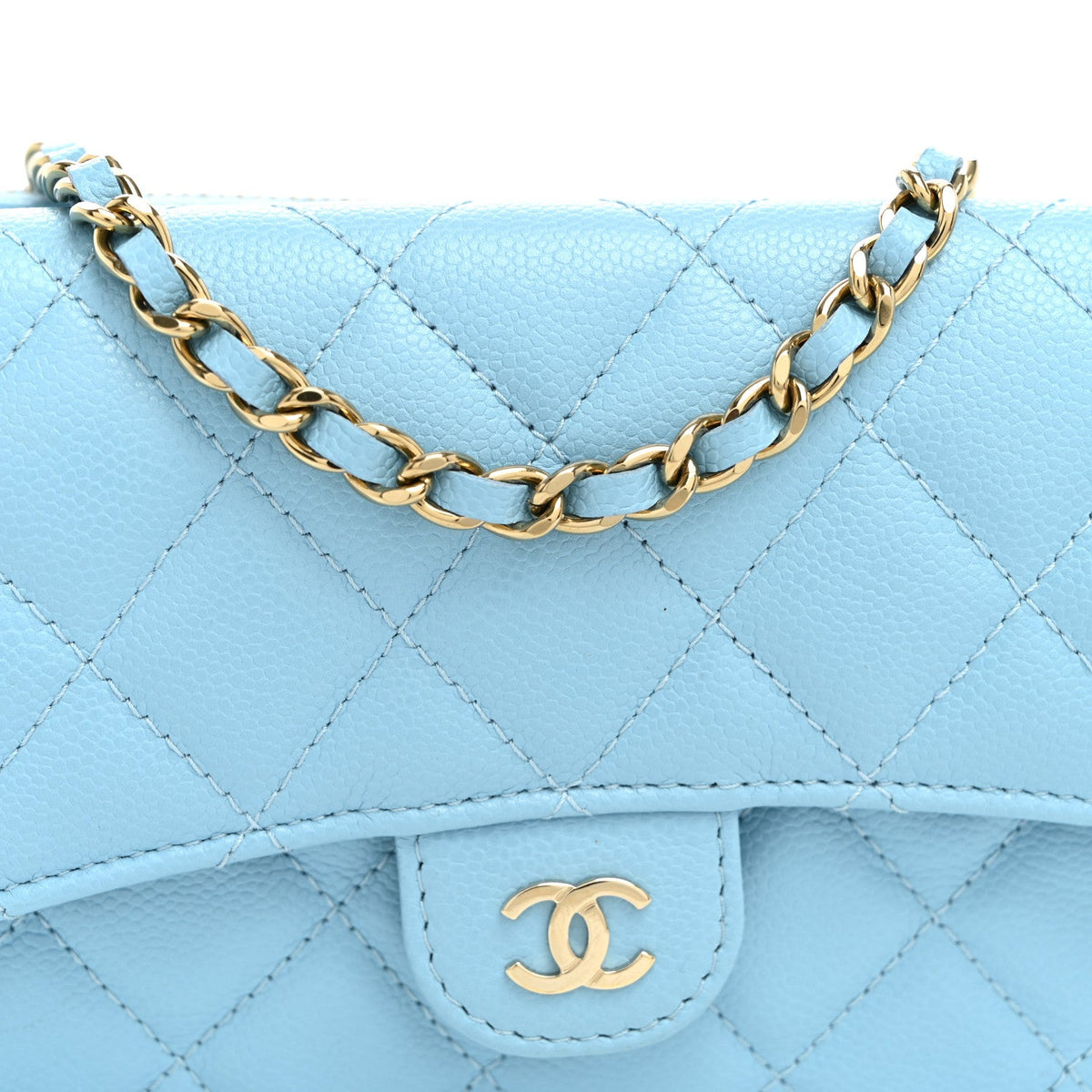 Caviar Quilted Flap Phone Holder With Chain Light Blue