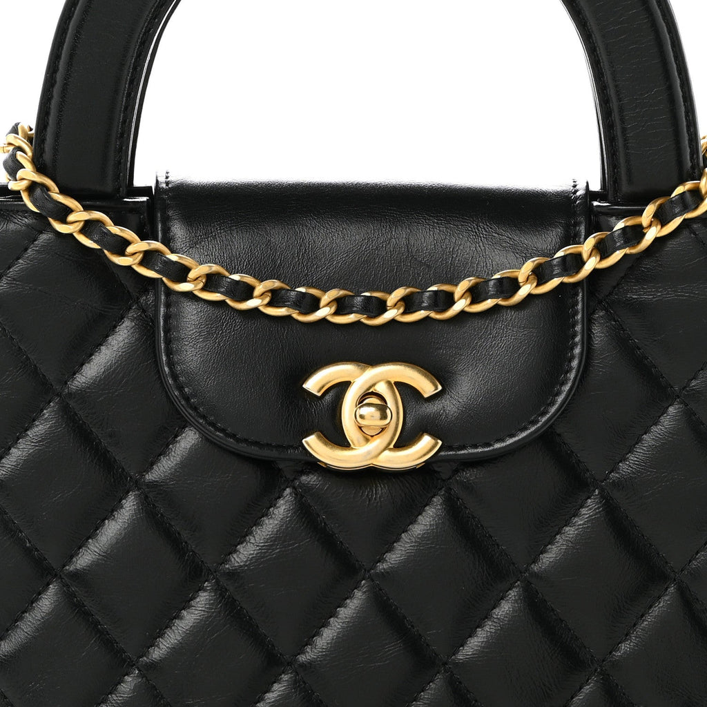 Shiny Aged Calfskin Quilted Nano Kelly Shopper Black