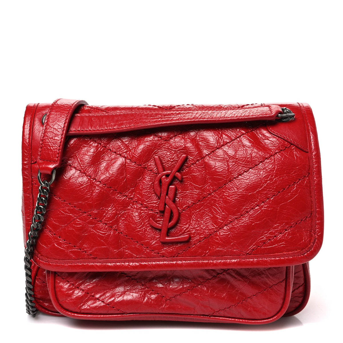 Crinkled Calfskin Matelasse Monogram Baby Niki Chain Satchel Rouge Eros