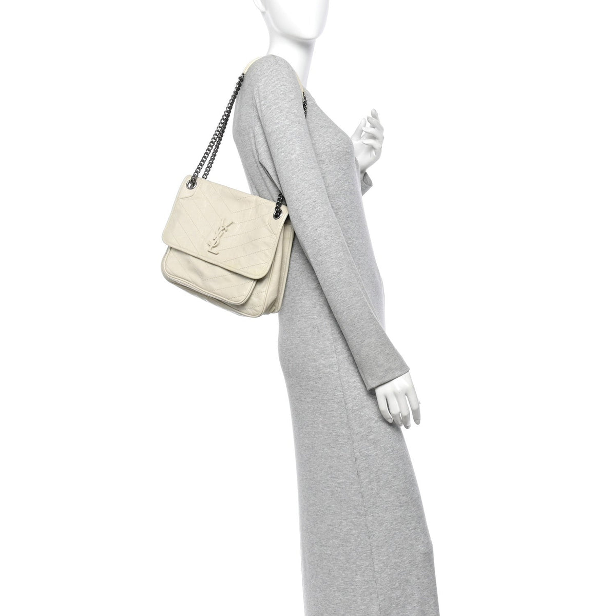 Crinkled Calfskin Matelasse Monogram Medium Niki Chain Satchel Ivory