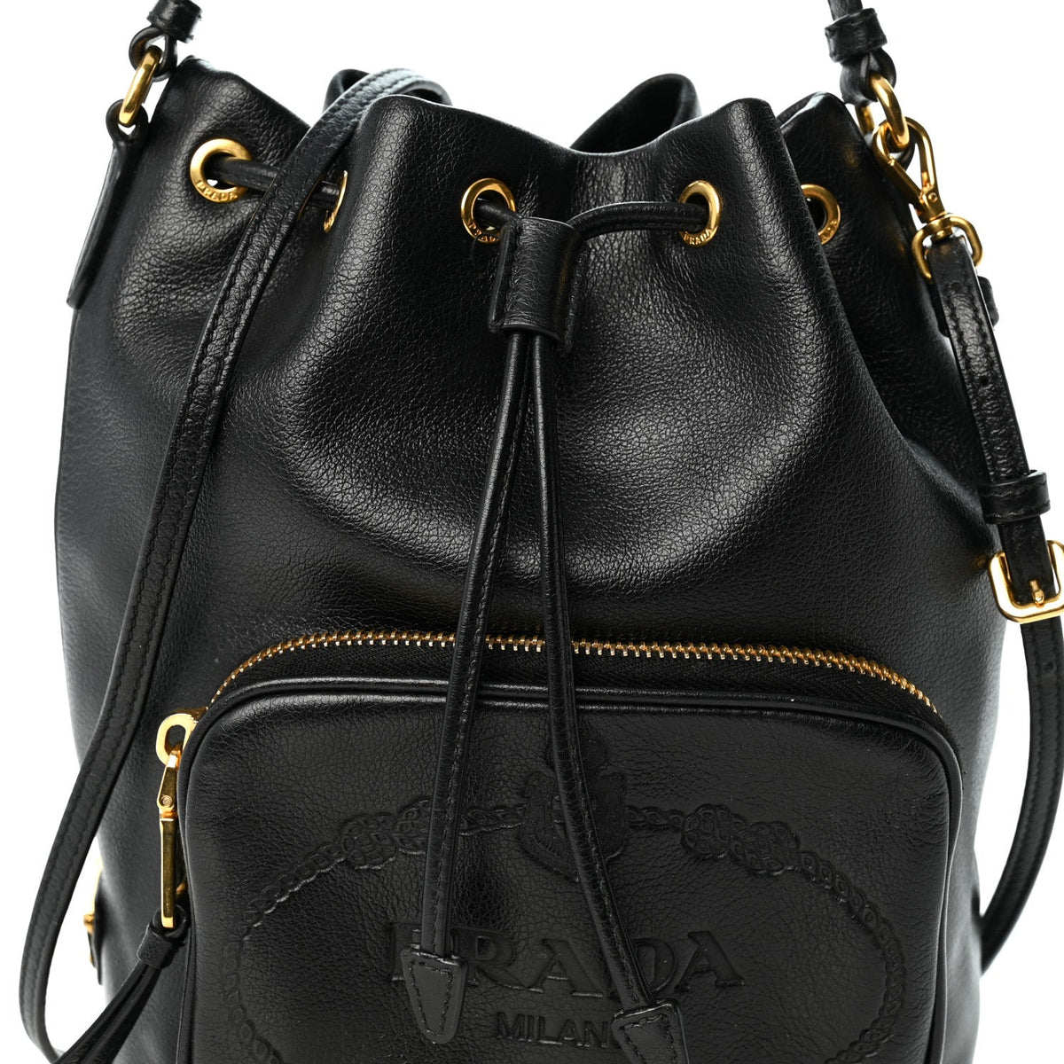 Glace Calfskin Embossed Secchiello Bucket Bag Black