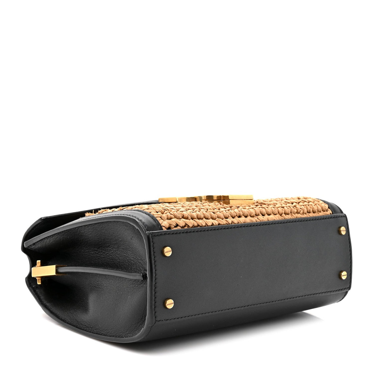 Raffia Calfskin Mini Classic Monogram Cassandra Top Handle Black Natural