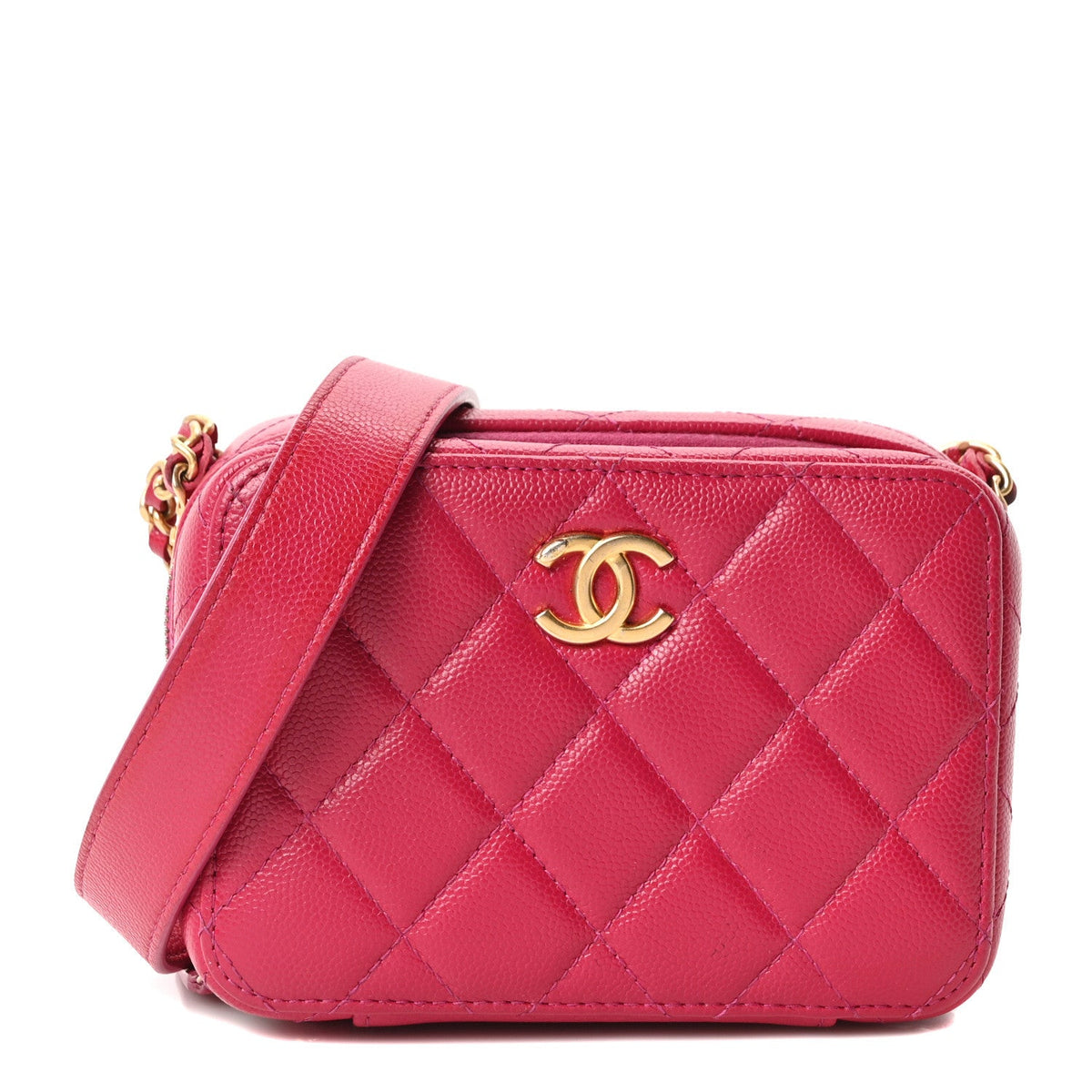 Caviar Quilted Twist Your Buttons Clutch With Chain Fuchsia