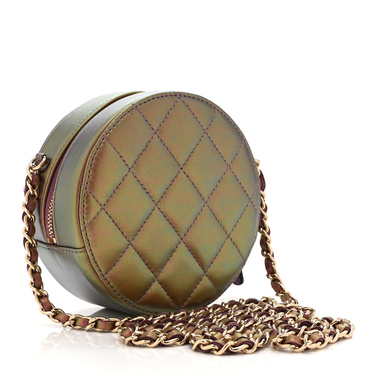 Iridescent Lambskin Quilted Round Clutch With Chain Purple