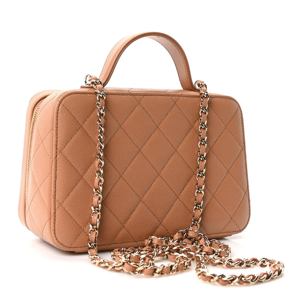 Caviar Quilted Top Handle Vanity With Chain Dark Beige