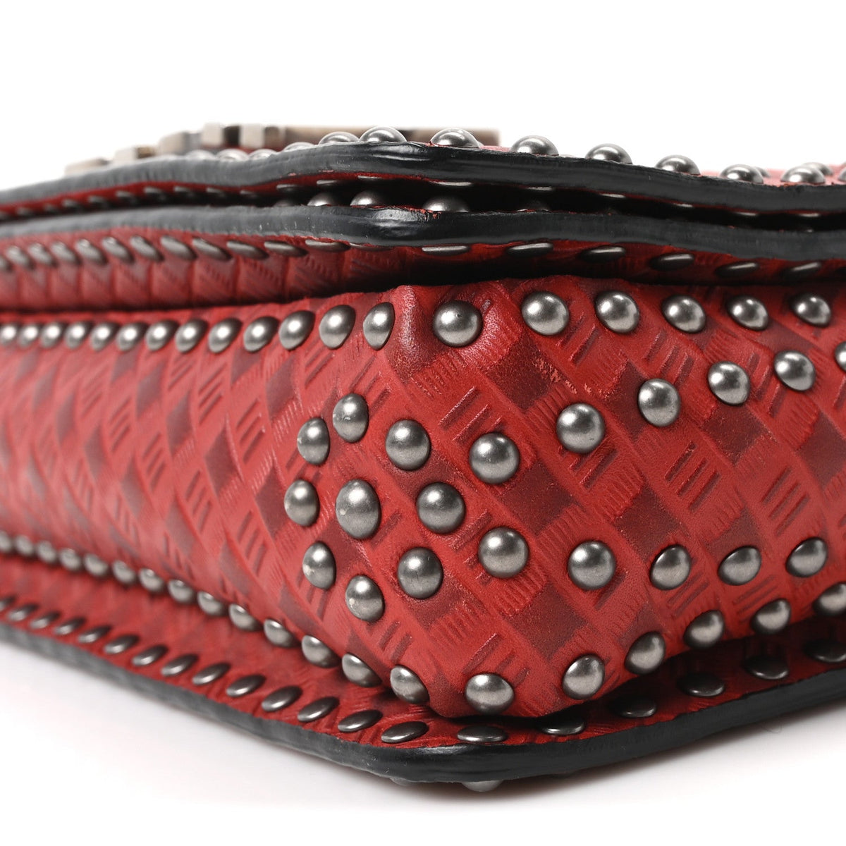 Calfskin Embossed Cannage Studded J'Adior Chain Flap Bag Red