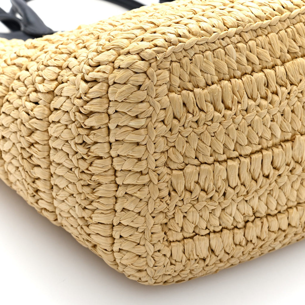 Yarn Raffia Effect Calfskin Crochet Embroidered Medium Logo Tote  Tan Black