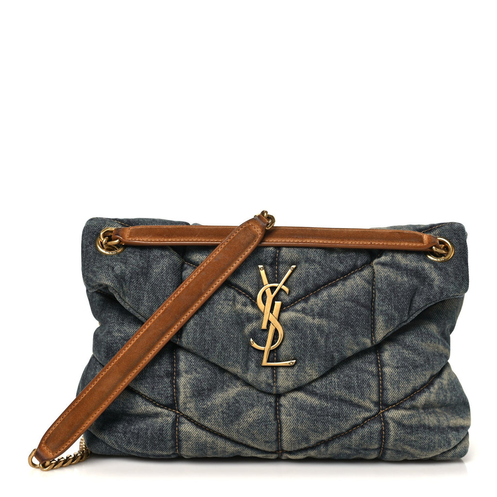 Denim Quilted Small Loulou Puffer Monogram Chain Satchel Blue Cinnamon