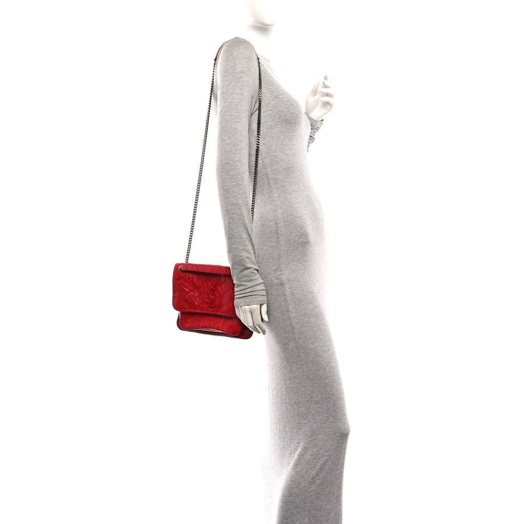 Crinkled Calfskin Matelasse Monogram Baby Niki Chain Satchel Rouge Eros