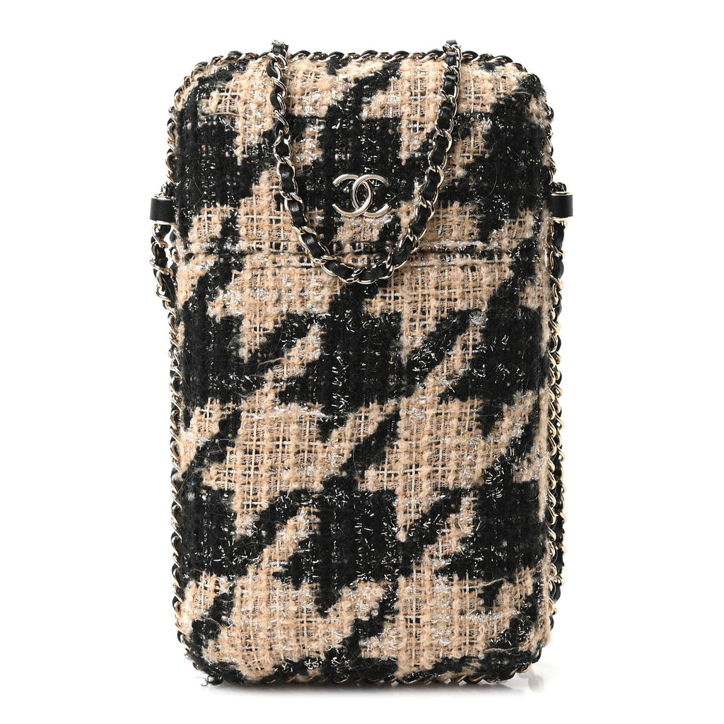 Tweed Chain Around Phone Holder Beige Black