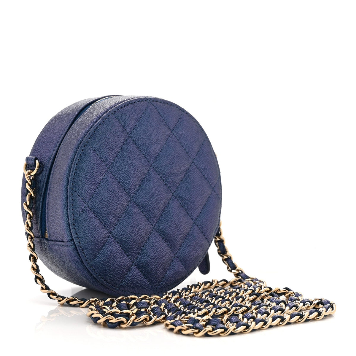 Iridescent Caviar Quilted Round Clutch With Chain Blue