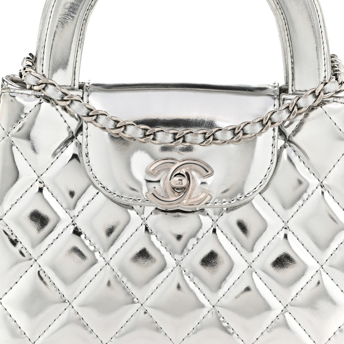 Mirror Calfskin Metallic Calfskin Quilted Nano Kelly Shopper Silvery
