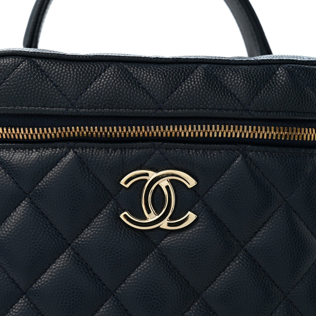 Caviar Quilted Small Top Handle Vanity Case With Chain Navy Blue