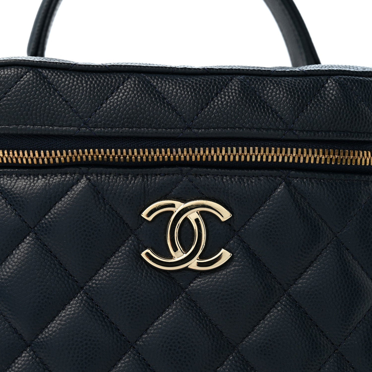 Caviar Quilted Small Top Handle Vanity Case With Chain Navy Blue
