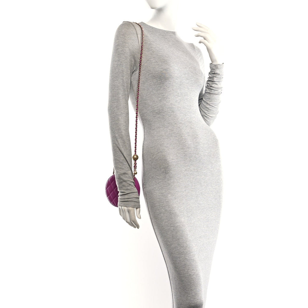 Lambskin Quilted Round Pearl Crush Clutch With Chain Purple