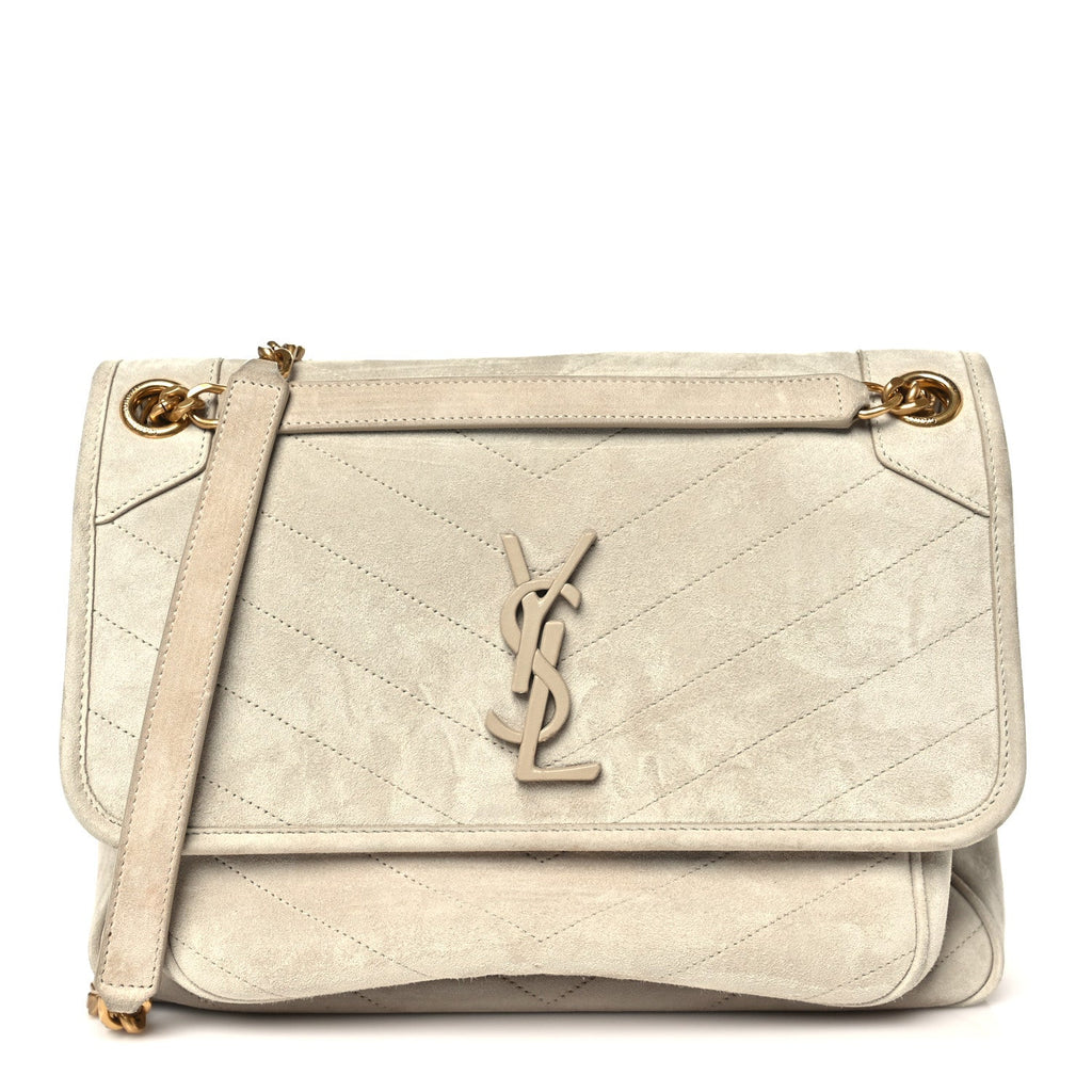 Suede Monogram Medium Niki Chain Satchel Light Beige