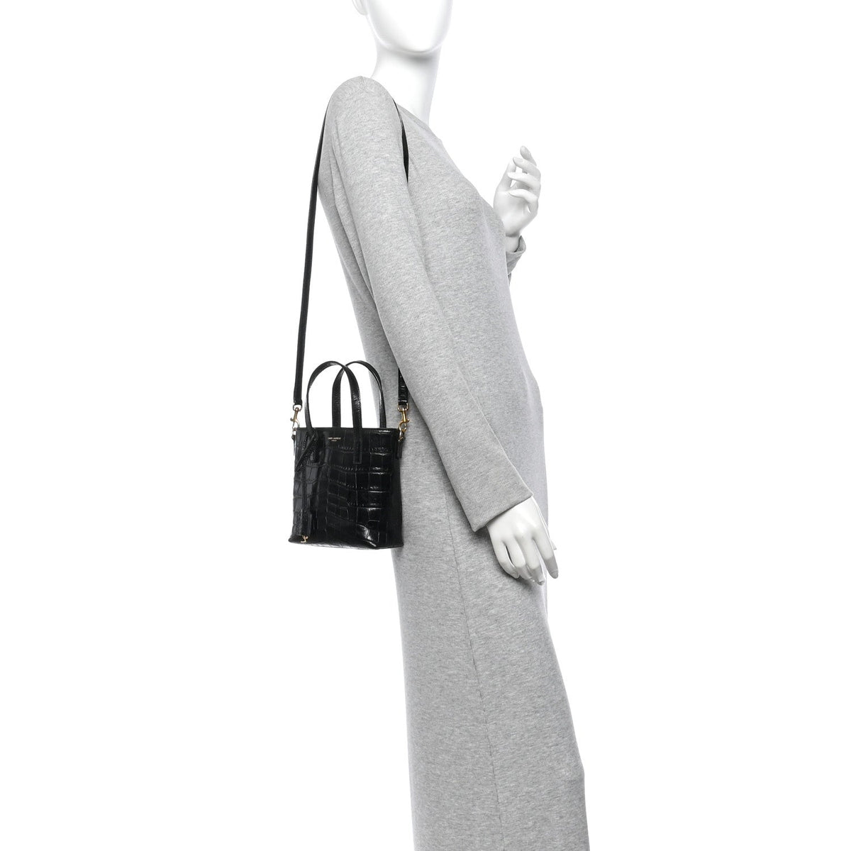 Calfskin Crocodile Embossed Paris Mini Toy Shopper Tote Black