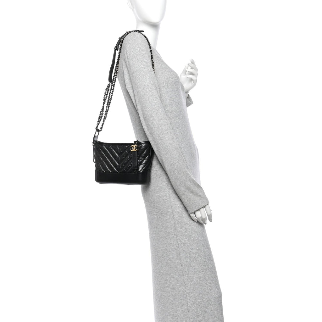 Aged Calfskin Chevron Quilted Small Gabrielle Hobo Black